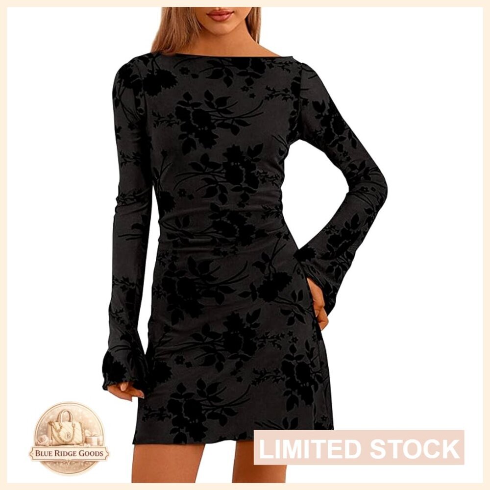 Floral Mesh Bodycon Mini Dress Long Sleeve Fall Party Elegant Chic